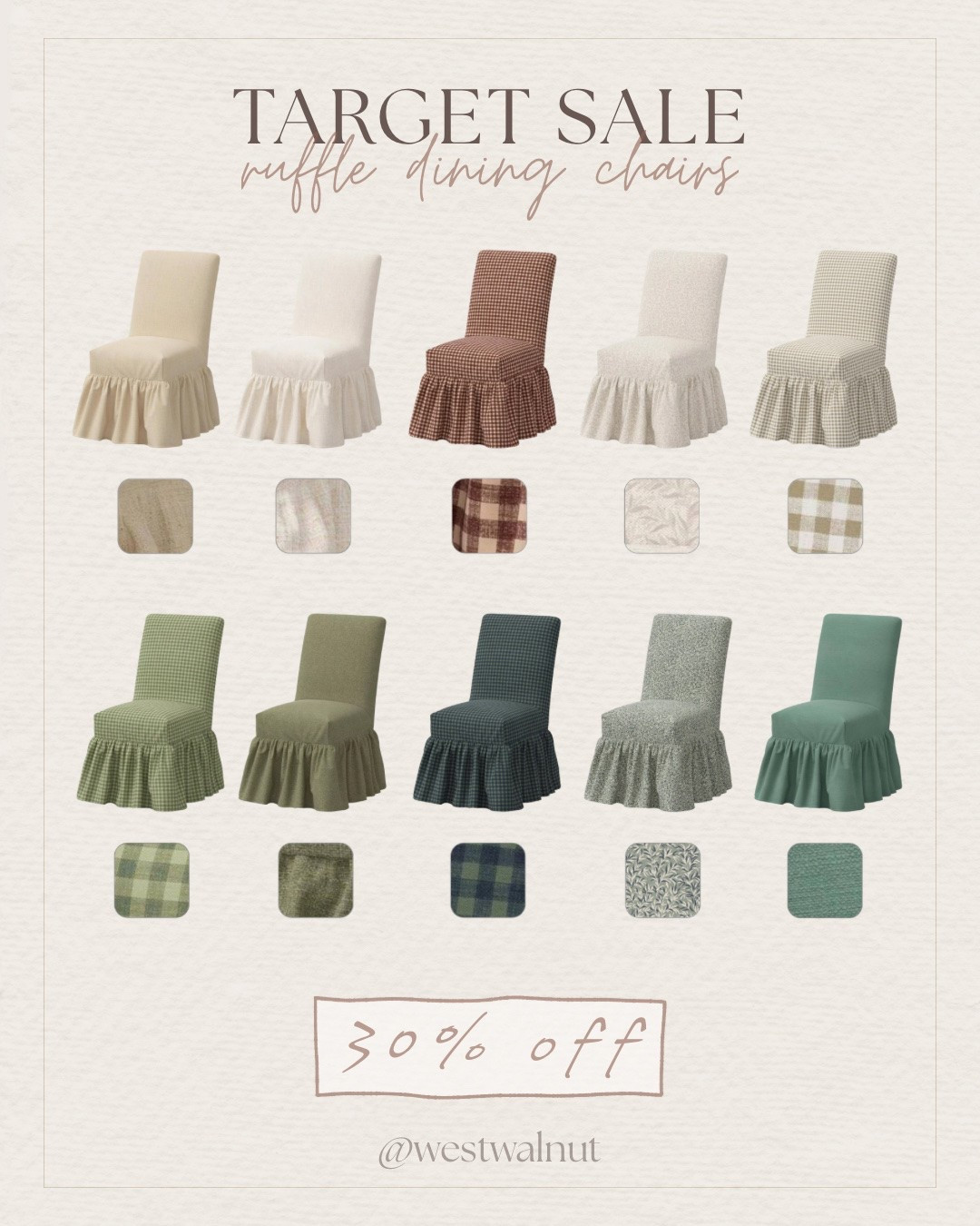 @Target is having a sale right now on some of my favorite furniture pieces they have! I've linked tons of pieces for 30%!

This is the Ruffled Slipcover Dining Chair in Kale Gingham Taupe Cream - Threshold™ designed with Studio McGee. It comes in 10 beautiful fabric finishes and a rubberwood frame. This chair is handcrafted in Illinois so each chair is made to order. I love the ruffle detail of the slipcover, they're such a unique feminine touch to a dining space.

#diningchair #affordablefurniture #moderndecor #modernhome #budgetfriendlydecor #diningroom
#cozyhome #diningroomfurniture

#LTKHome