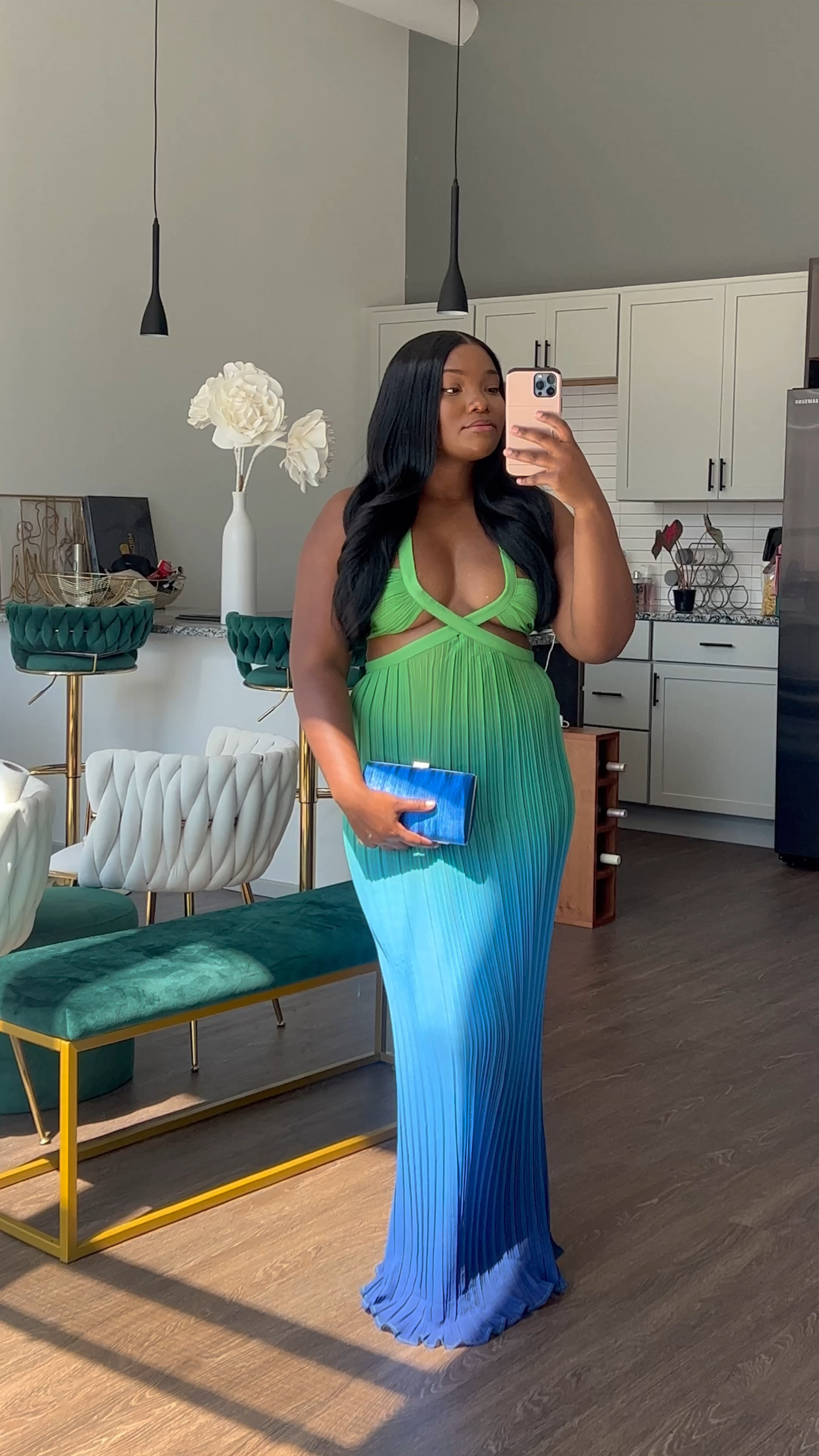 green ombre print plisse cut out strappy maxi dress Stolen Love Strapless Maxi Dress Blue / Green Ombre