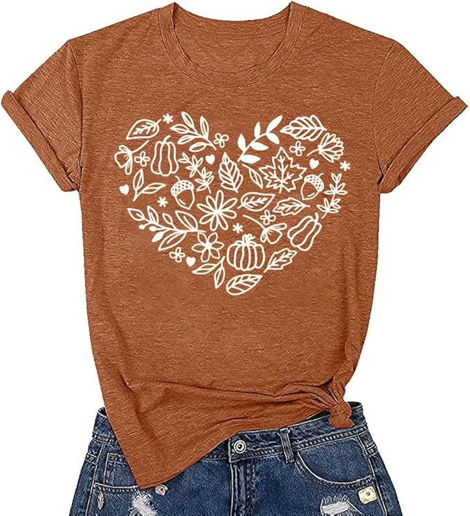 Fall T-Shirt for Women Family Halloween Thanksgiving Tops Cute Autumn Thankful Pumpkin Graphic Te... | Amazon (US)