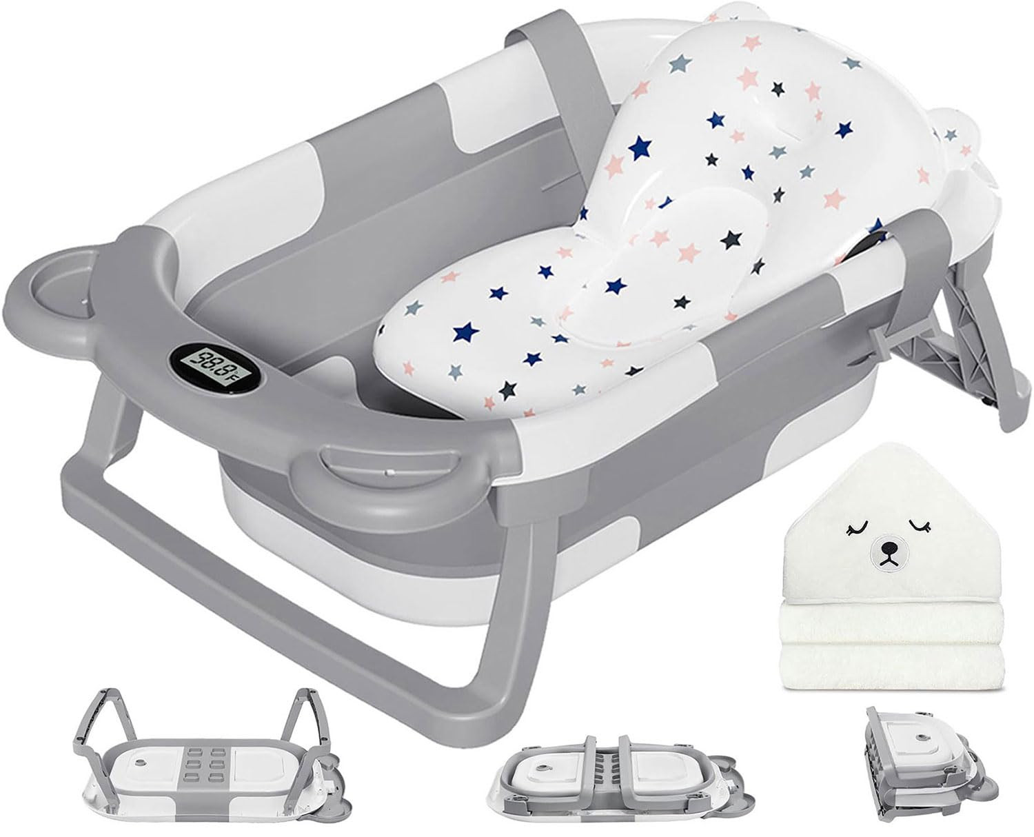 MoreFeel Collapsible Baby Bathtub for Newborn with Thermometer & 1 Hooded Towel & 1 Soft Floating Cushion,Portable Travel Bathtub with Drain Hole, Durable Foldable Baby Tubs for Infants to Toddler | Amazon (US)