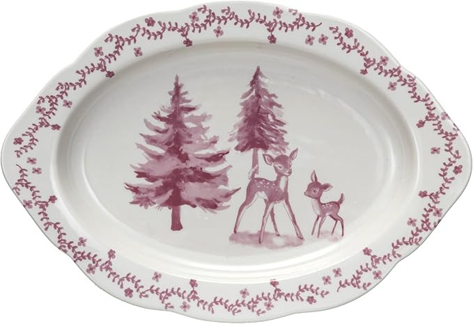 Creative Co-Op Stoneware Platter with Deer and Trees, Pink and Cream Color | Amazon (US)