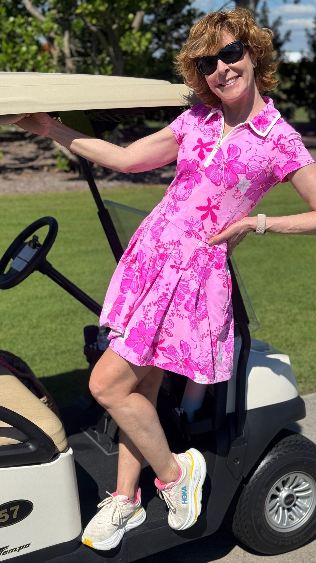 This Lilly golf dress is their  breast cancer awareness print for 2025! It does like a dream and moves without. Wearing an XS!

#LTKActive #LTKSeasonal #LTKOver40