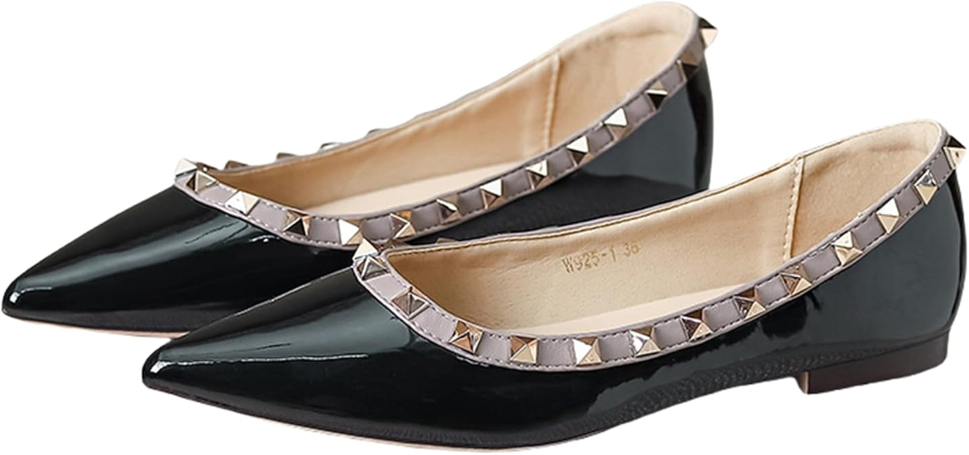 Women Patent Leather Studded Rivet Closed Shallow Mouth Comfortable Dress Walking Flat Shoes Fash... | Amazon (US)
