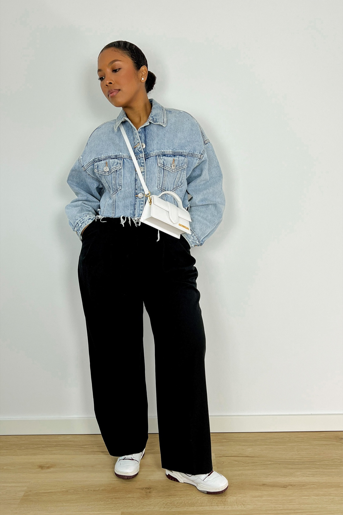 Simple spring outfit inspiration. Denim jacket, Urban Outfitters, H&M, black trousers, Le Bambino, Jacquemus, Mytheresa, Uniqlo, wide fit pleated pants, New Balance 550, Farfetch, Nordstrom, effortlessly chic. 

#LTKfit #LTKeurope #LTKcurves