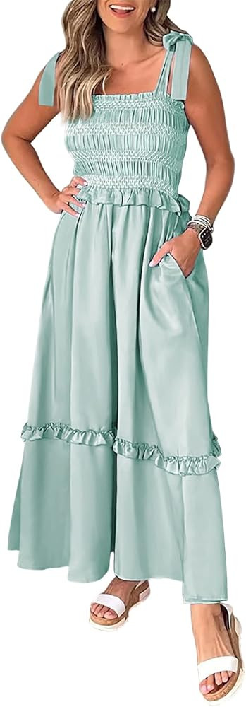 Beiranduo Women's Maxi Dress Summer Sleeveless Square Neck Spaghetti Strap Smocked A-Line Long Dr... | Amazon (US)