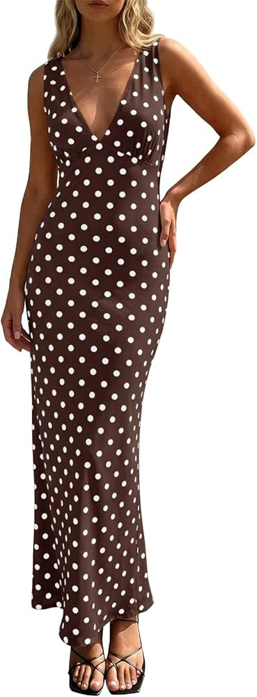 Wenrine Womens Summer Polka Dot Maxi Dress Mesh Wedding Guest Bodycon Sexy V Neck Sleeveless Part... | Amazon (US)