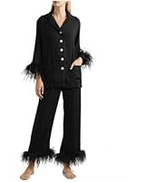 Belle's Design Women's Feather Trim Silk Satin Pajama Button Down Long Sleeve and Pants Set Sleep... | Amazon (US)