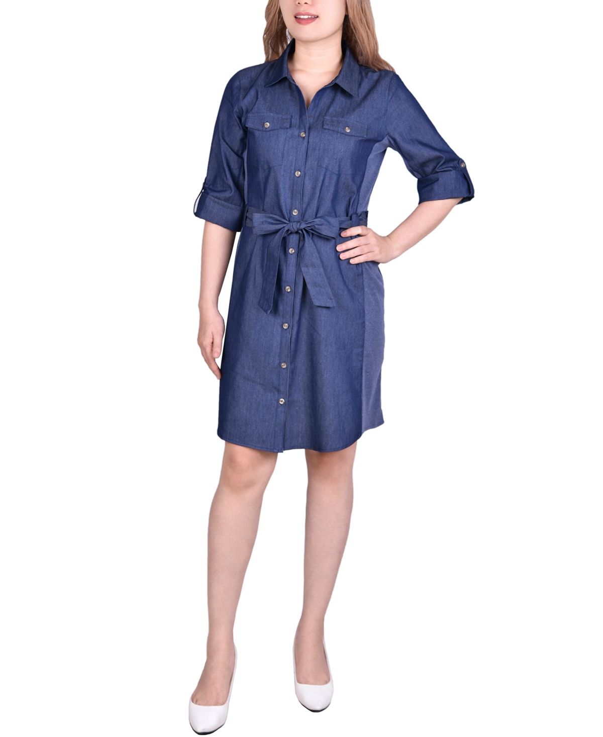 Women's 3/4 Sleeve Roll Tab Denim Dress | Macys (US)