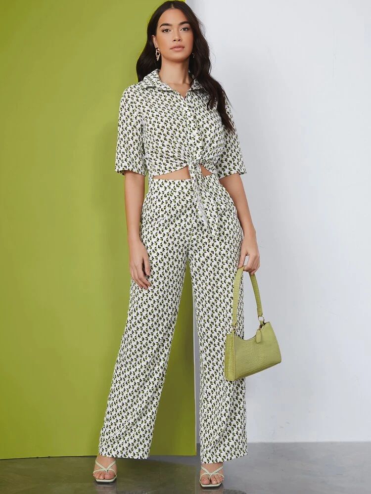 SHEIN Tie Front Geo Blouse & Pants Set | SHEIN