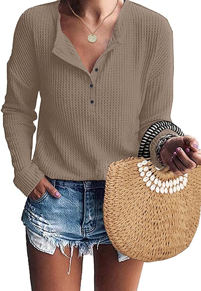 IWOLLENCE Womens Button Down Shirt Long Sleeve Henley Shirt Waffle Knit Tunic V Neck Tops Loose F... | Amazon (US)