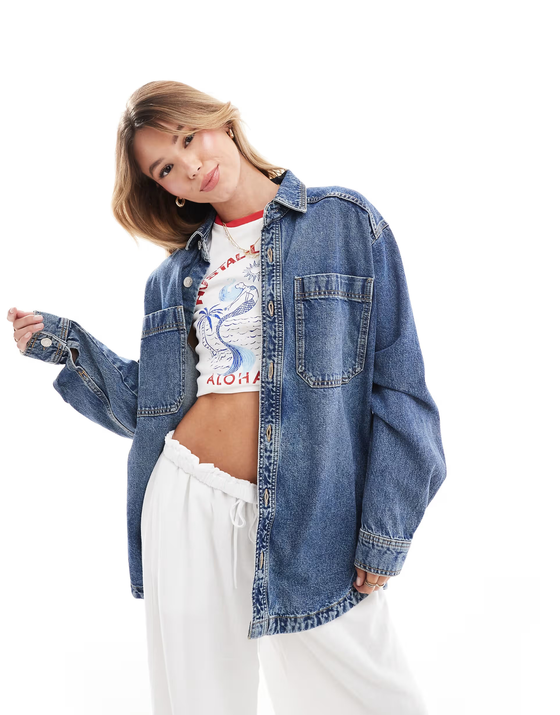 Cotton On relaxed denim shacket in bottle blue | ASOS (Global)