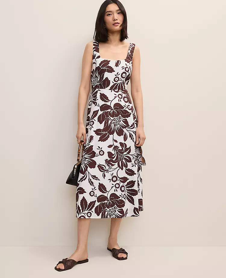 Floral Linen Blend Flare Midi Dress | Ann Taylor