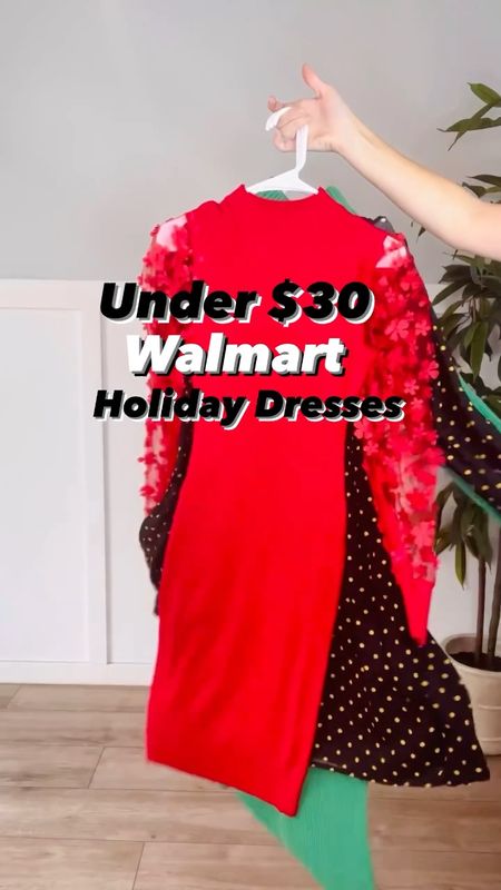 New under $30 holiday dresses at Walmart! I sized up in the lace sleeves dress to a medium (jr sizing) and I sized up in the babydoll dresses to a medium to add length. Size small in the green sweater dress. 

#LTKSeasonal #LTKworkwear #LTKHoliday