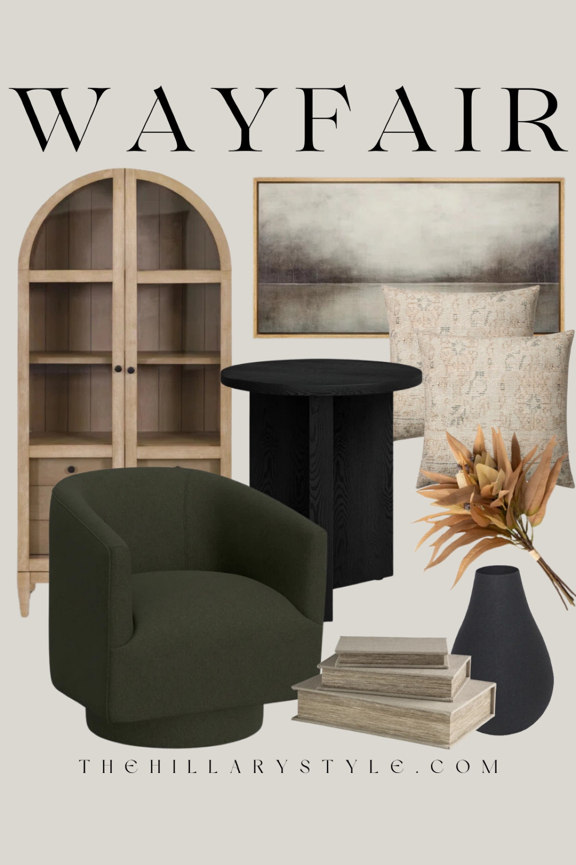 Wayfair Modern Home: Arch accent cabinet, green velvet accent chair, wall art, pillows, end table, vase, fall florals, coffee table books. 

#LTKSeasonal #LTKStyleTip #LTKHome