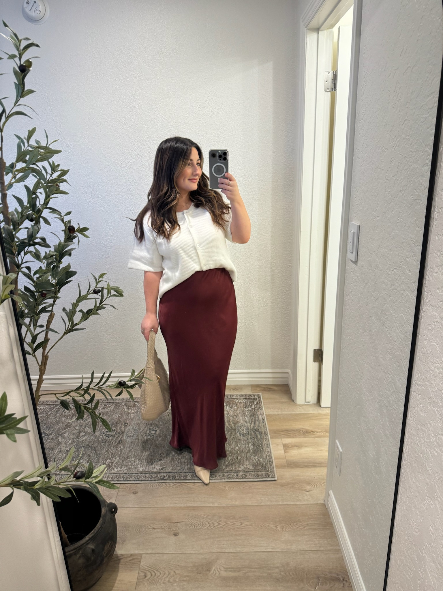 Chic + nursing friendly outfit inspo! 

Cardigan with buttons and a gorgeous maxi skirt! 

Petite maxi slip size medium petite White cardigan size small 
Tank size small 
Heels run tts 

Winter color, color of the season, styled outfits, what to wear this winter, fall fashion 

#LTKParties #LTKWorkwear #LTKHoliday