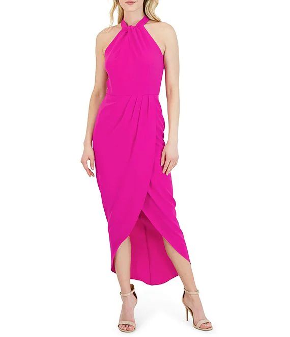 Knot Halter Neck Sleeveless Faux Wrap Tulip Hem Midi Dress | Dillard's