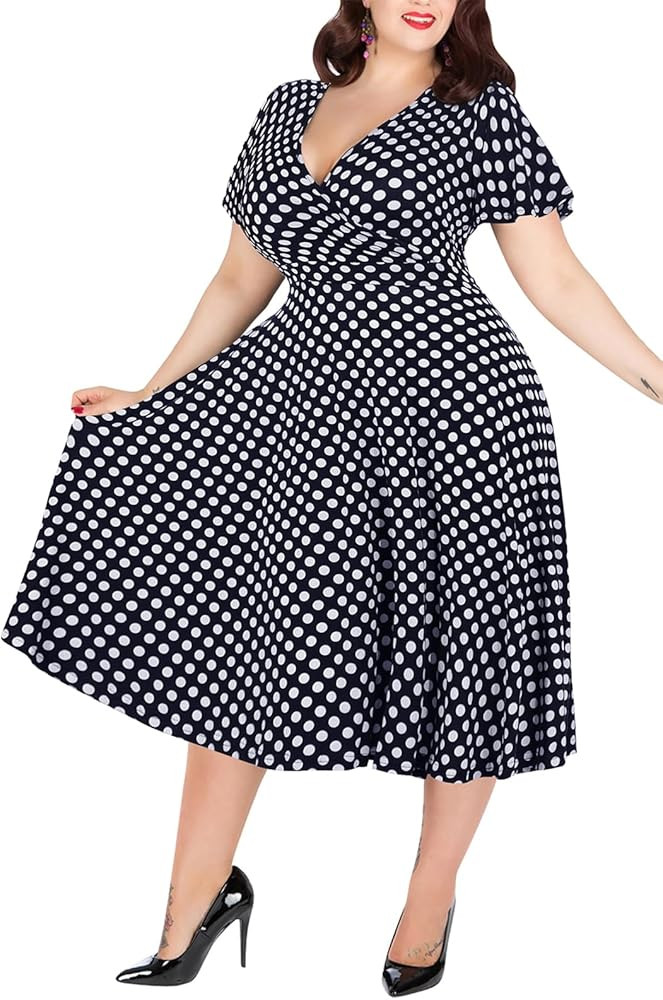 Nemidor Plus Size Dresses for Curvy Women Casual Summer V Neck Short Sleeve Midi Cocktail Vintage... | Amazon (US)
