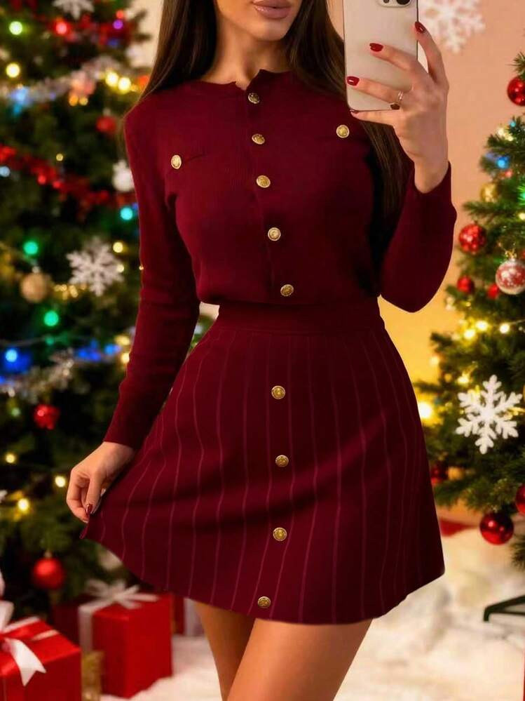 FOR BEAUTY Autumn And Winter New Burgundy Knitted Two Pieces Set For Women Fashionable Dating Sho... | SHEIN