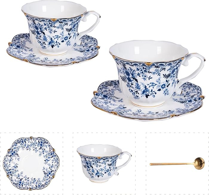 Vintage Floral Porcelain Tea Cup and Saucer Set with Spoon, Gold Trim, 6.4 oz – Set of 2, Blue ... | Amazon (US)