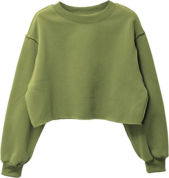 Amazhiyu Women Cropped Sweatshirt Long Sleeves Pullover Fleece Crop Tops Sap Green, Small at Amaz... | Amazon (US)