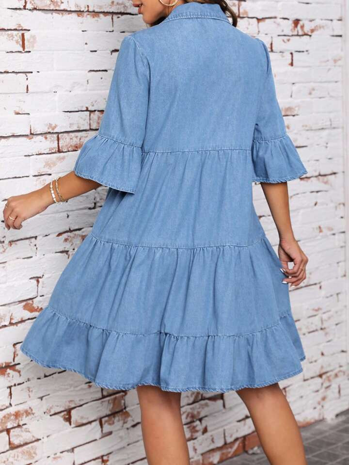 SHEIN LUNE Flare Sleeve Ruffle Hem Smock Denim Dress | SHEIN