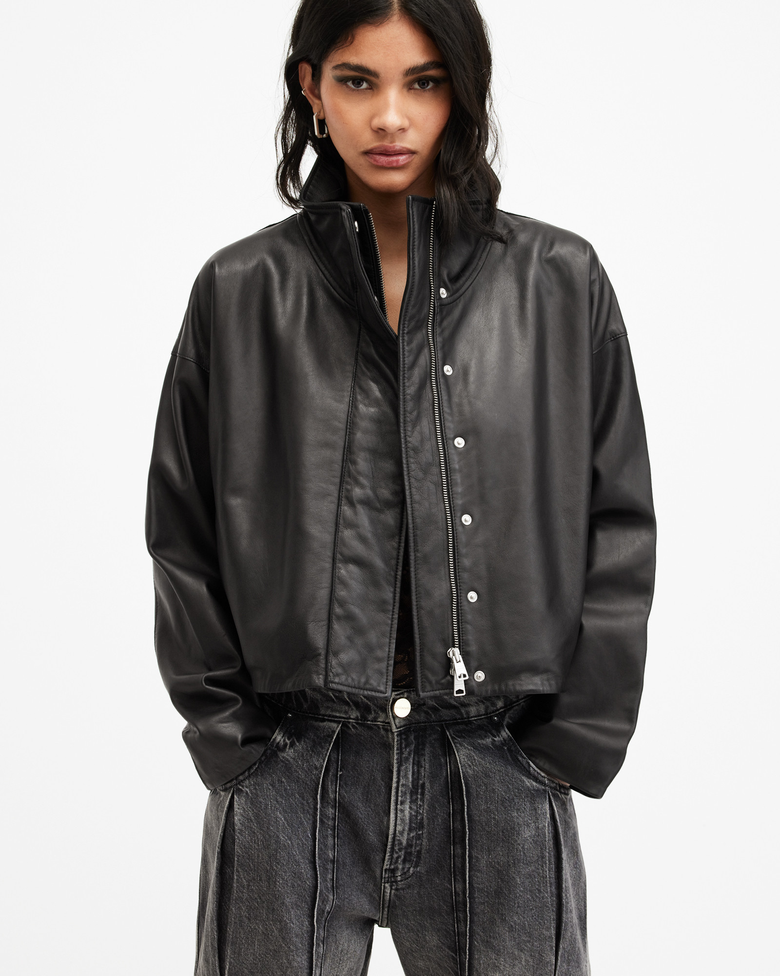 Ryder Funnel Neck Leather Jacket | AllSaints UK