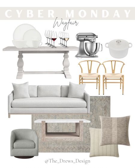 Home decor, kitchen, and furniture and rugs on sale now from Wayfair during their Black Friday and Cyber Monday sale. White sofa, coffee table, loloi rug, swivel chair, wishbone dining chairs, kitchen aid stand mixed, trestle dining table, wine glasses, porcelain white and gold dishes

#LTKsalealert #LTKhome #LTKCyberweek