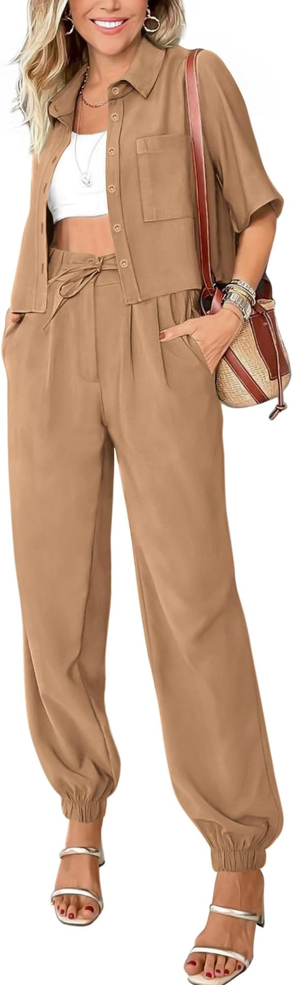 BTFBM Women's 2024 Summer 2 Piece Outfits Tracksuit Short Sleeve Cropped Button Down Shirt Long P... | Amazon (US)