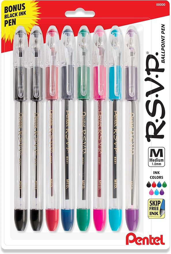 Pentel RSVP Original Ballpoint Pen, (1.0mm) Medium Line, Assorted Ink Colors, Clear Barrel, 8 Pac... | Amazon (US)