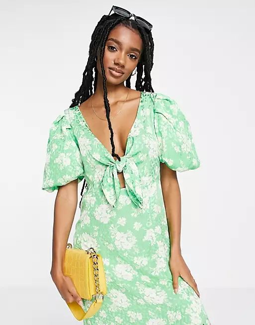 River Island floral tie front midi dress in green | ASOS (Global)