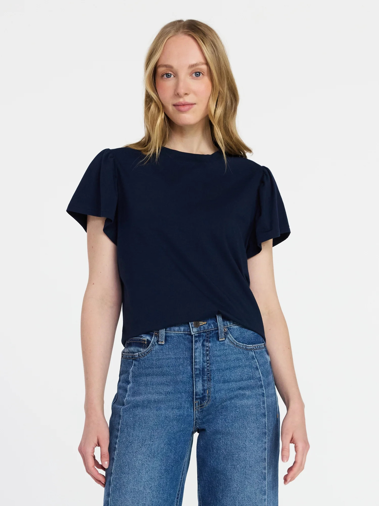 Time and Tru Women's Crewneck Tee with Flutter Sleeves, Sizes XS-XXXL | Walmart (US)