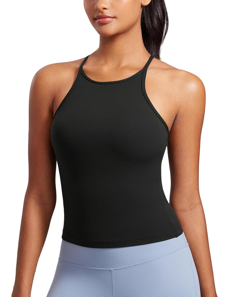 CRZ YOGA Butterluxe Womens Y Back Workout Crop Tank Top with Built in Shelf Bra - Padded Halter H... | Amazon (US)