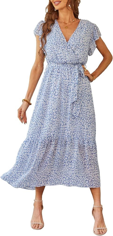 PRETTYGARDEN Women's Floral Summer Dress Wrap V Neck Short Sleeve Belted Ruffle Hem A-Line Bohemian  | Amazon (US)