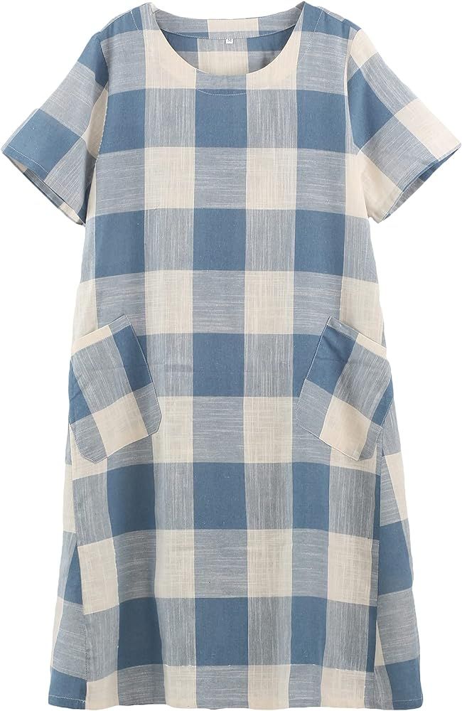 FTCayanz Women's Linen Shirt Dresses Summer Casual Short Sleeve Plaid Tunic Midi Dress | Amazon (US)