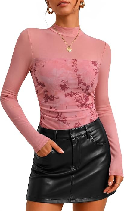 ZESICA Womens Fall Long Sleeve Turtleneck Floral Sheer Mesh Ruched Tops     Mock Neck, Ruched Wai... | Amazon (US)