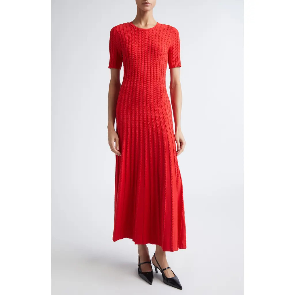 Jason Wu Collection Cable Stitch Short Sleeve Midi Sweater Dress in Papaya at Nordstrom, Size Medium | Nordstrom