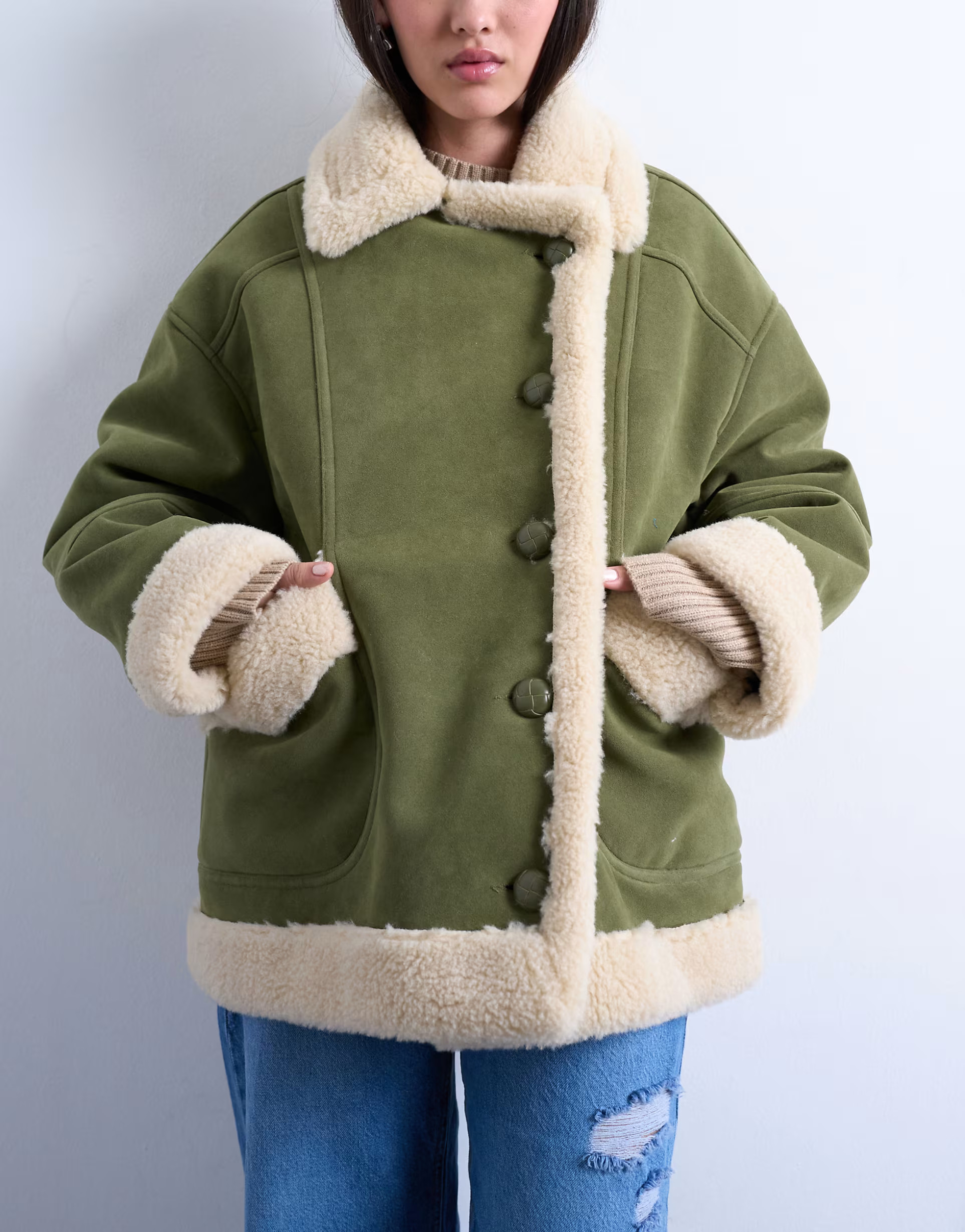 Topshop faux suede shearling oversized car coat in olive green | ASOS (Global)