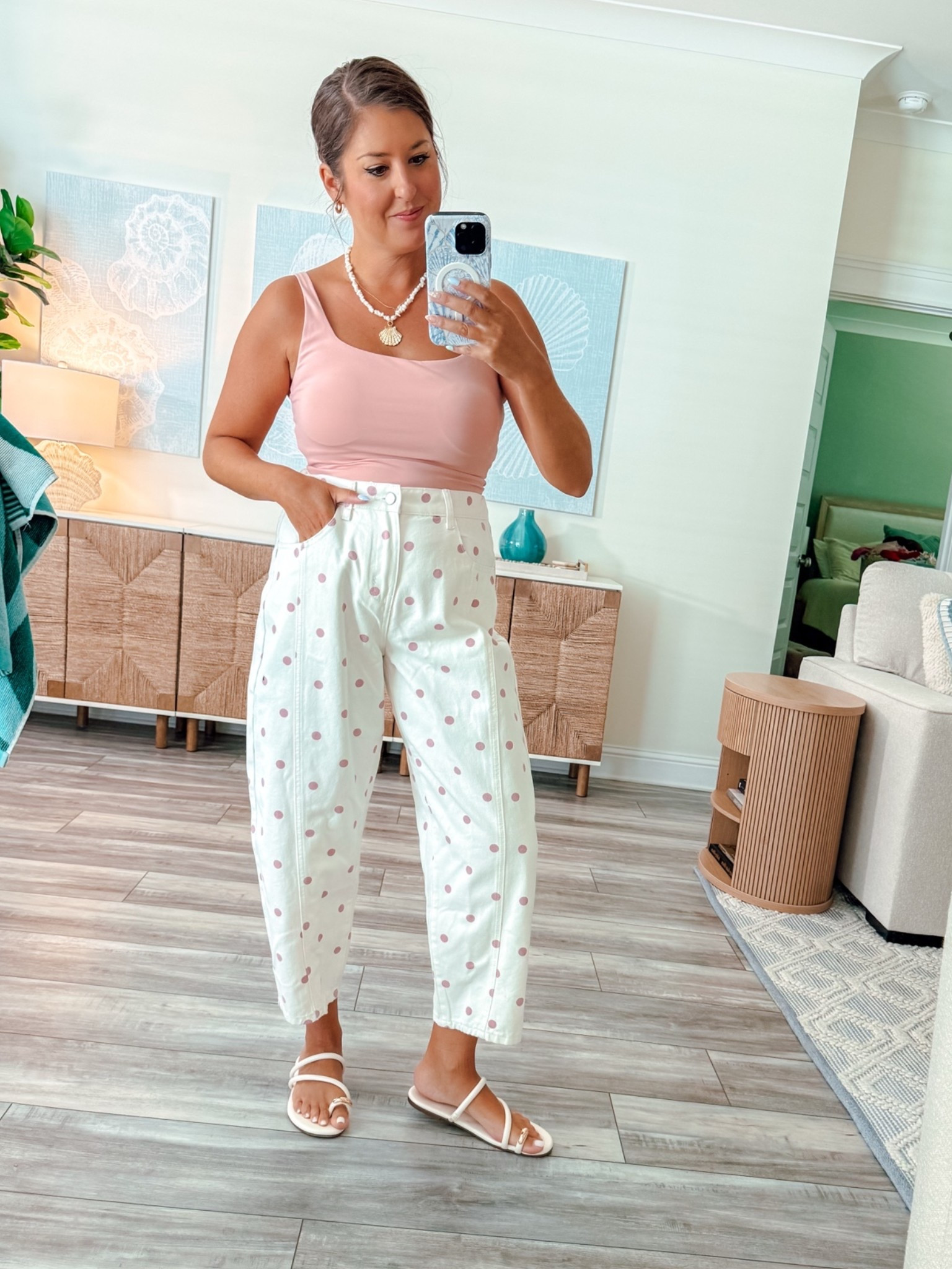 Casual summer outfit, polka dot jeans, basic tanks 

Wearing medium

#LTKootd