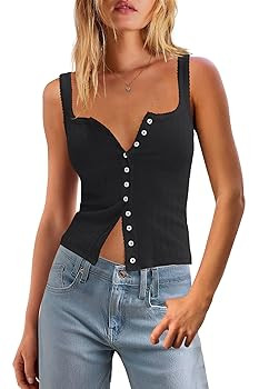 Panadila Womens Ribbed Square Neck Tank Top Summer Button Down Tanks Sleeveless Knit Tops Going O... | Amazon (US)