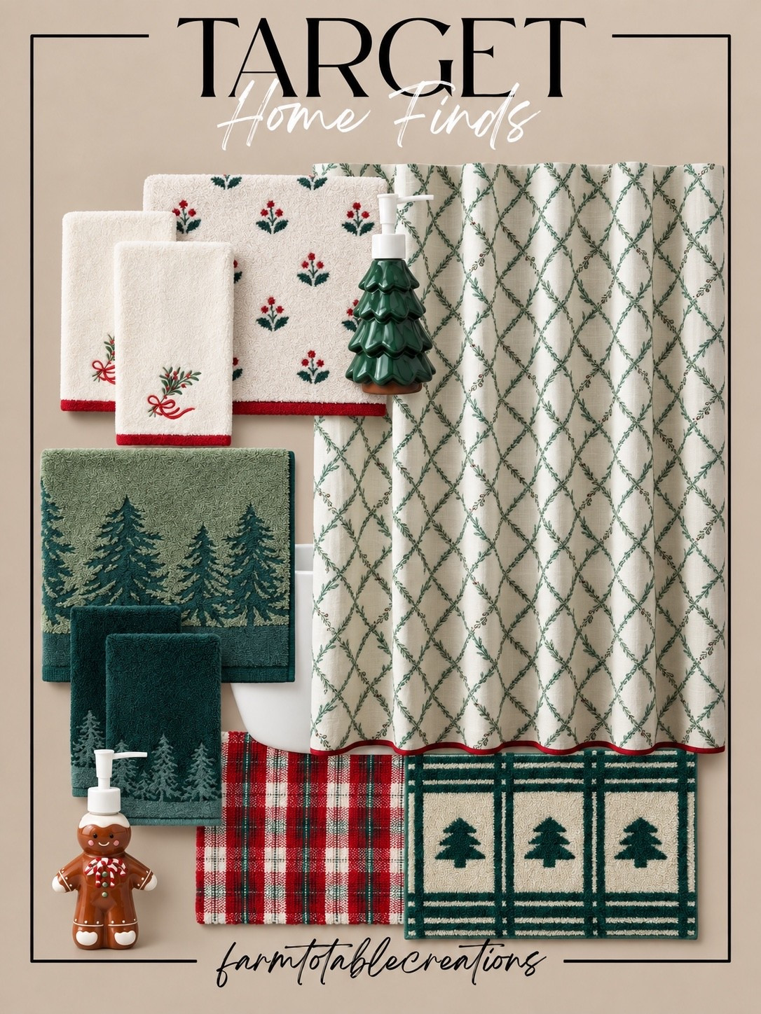 Target Christmas Bathroom Finds 🎄🛁

These Target holiday bathroom finds are such a cute way to bring Christmas into an often-overlooked space. The tree-patterned shower curtain, festive hand towels, holiday bath mats, and whimsical soap dispensers add just enough seasonal charm without feeling overdone.

I love the mix of soft cream, classic green, and touches of red—it keeps everything feeling cozy, fresh, and easy to coordinate with neutral bathroom basics you may already have.

Follow @farmtotablecreations on Instagram for more cozy home finds and trending decor.

#LTKHome #TargetHome #TargetFinds #TargetStyle #ChristmasBathroom #HolidayBathroom #ChristmasDecor #HolidayDecor #FestiveHome #BathroomDecor #TargetChristmas #CozyChristmas #SeasonalDecor #HomeInspo #ChristmasFinds