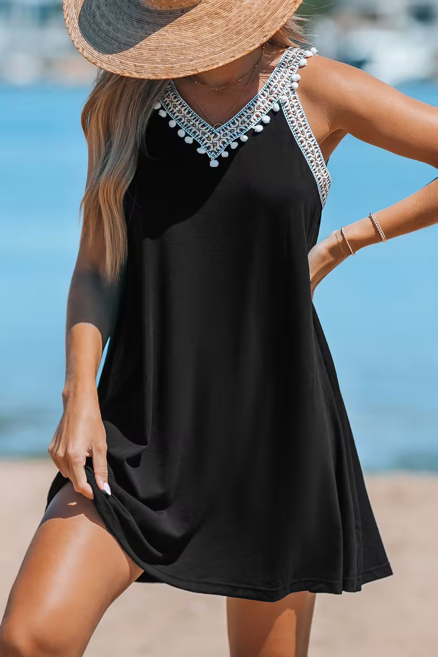 NewBlack Sleeveless Pom-Pom Jersey Mini Dress | Cupshe US
