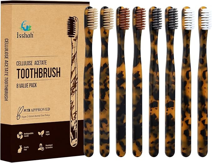 Isshah Plant-Based Cellulose Acetate Toothbrushes - 8 Pack - Tortoise | Amazon (US)