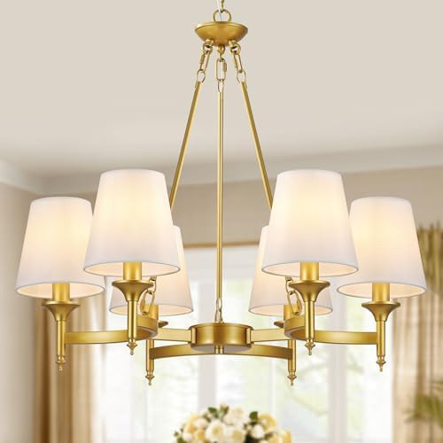 Gold Chandelier with White Shades, 6-Light Modern Farmhouse Chandeliers for Dining Room, Rustic R... | Amazon (US)