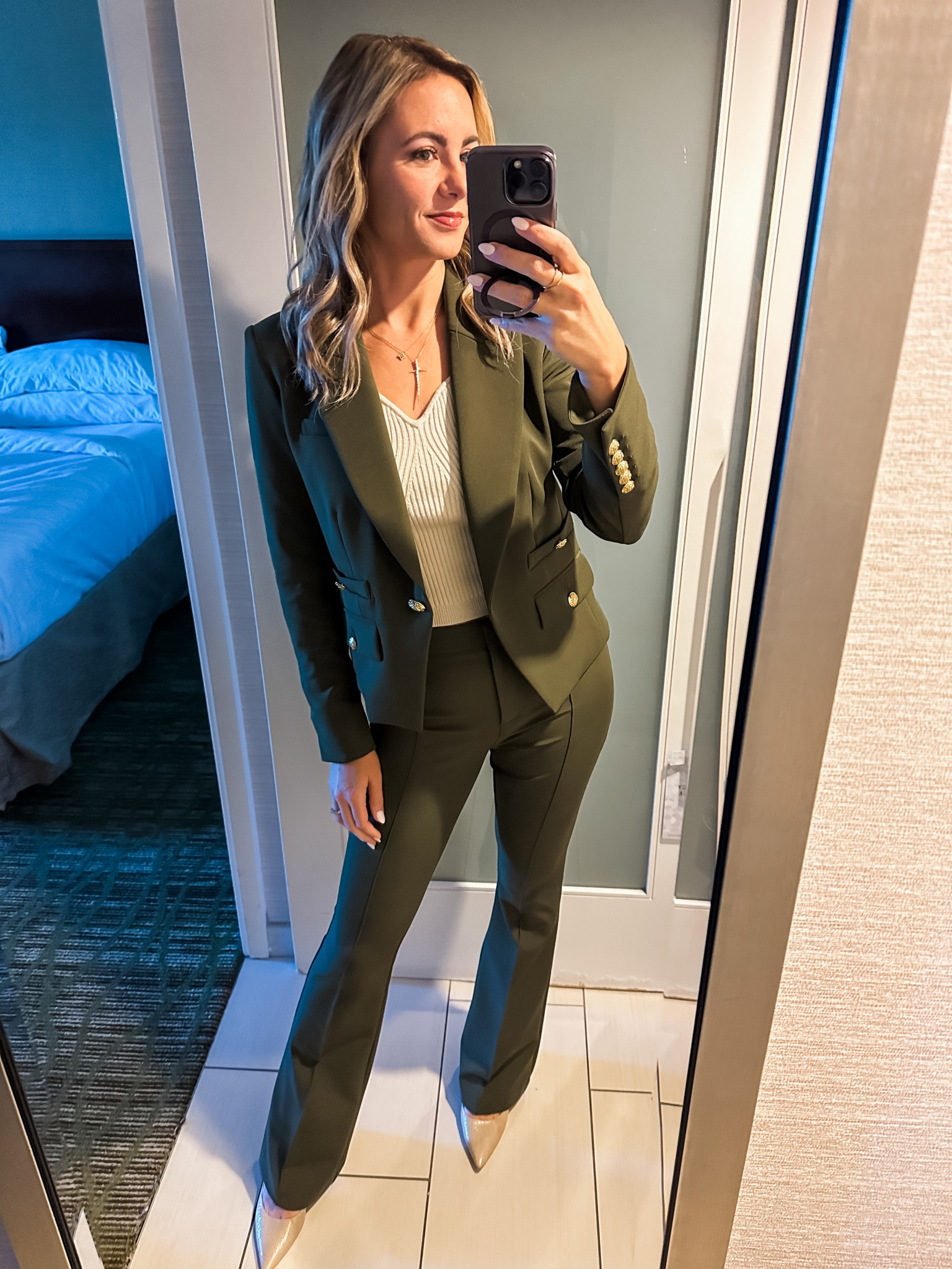 Business professional 🫒 My suit is on sale at VB! Wearing size 8. // matching suit separates, olive suit, green suit, Veronica beard suit, scuba pants, Dickey jacket, leather Dickey, nude pumps, neutral pumps, work heels, block heels, sweater tank, knit tank, work outfit, corporate look, workwear 

#LTKshoecrush #LTKstyletip #LTKworkwear