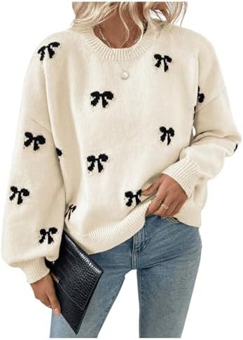Women's Y2K Bow Sweater Cozy Fall Winter Sweaters Christmas Knit Crewneck Long Sleeve Drop Should... | Amazon (US)