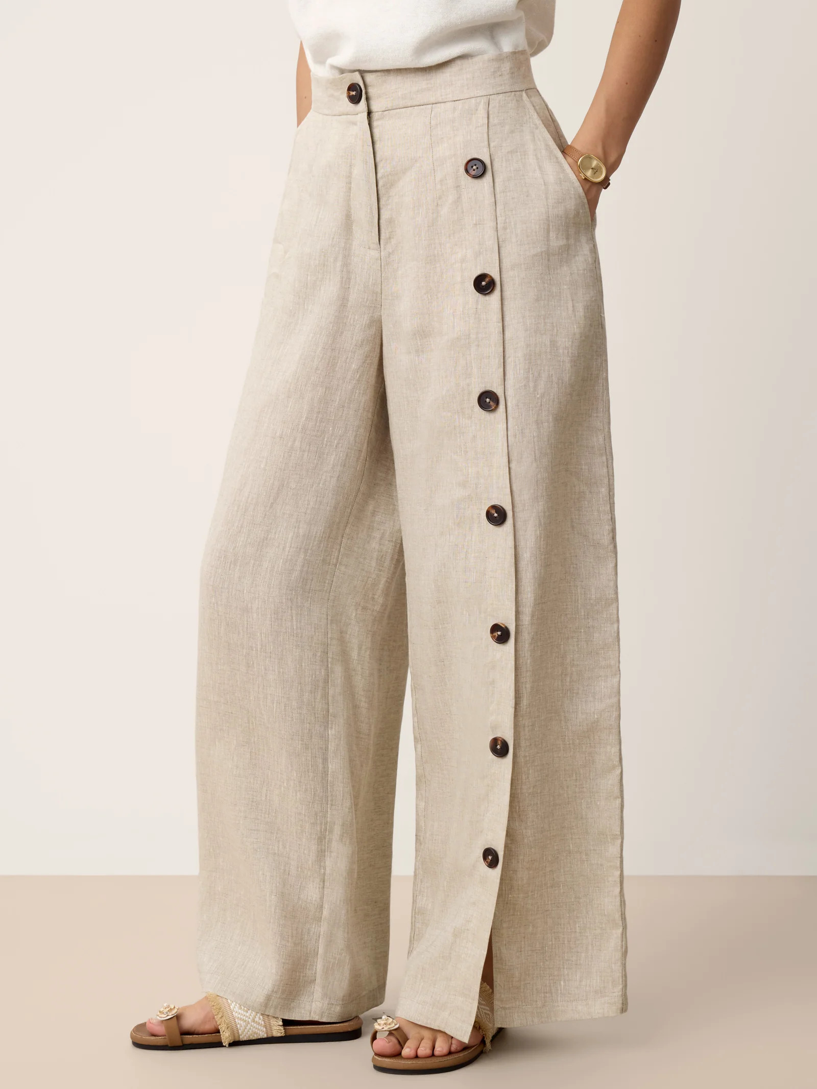 100% Linen Buttoned Slit-Hem Pants KATYA | LINTICO