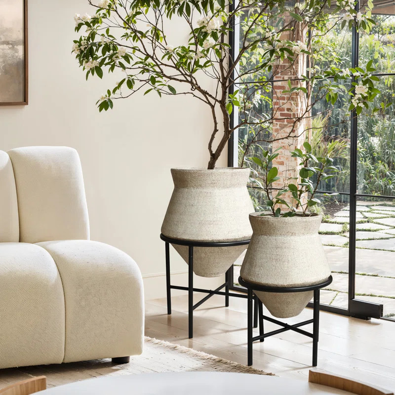 2-Piece Metal Cachepot Planter Cauldron Set with Black Stands (Set of 2) | Wayfair North America