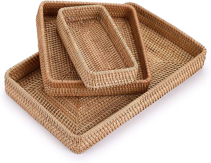 Hipiwe Large Rattan Serving Tray, Handwoven Wicker Basket Organizer Tray, Rectangle Tabletop Brea... | Amazon (US)