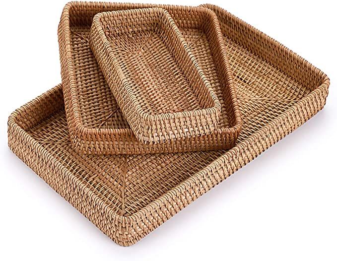 Hipiwe Large Rattan Serving Tray, Handwoven Wicker Basket Organizer Tray, Rectangle Tabletop Brea... | Amazon (US)