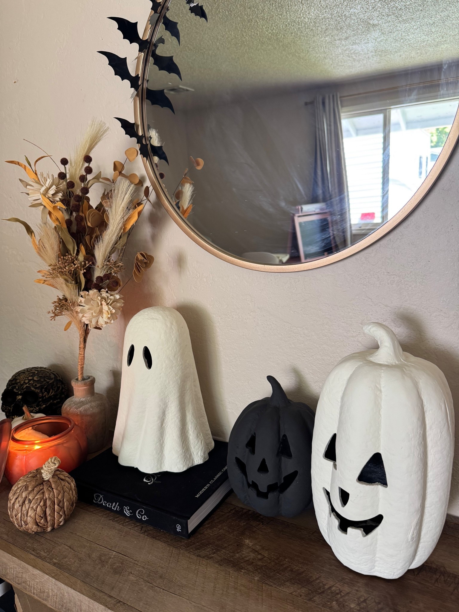 Pottery barn terracotta dupes pumpkin lattern! Halloween, spooky, decor, living room, console table, mirror 